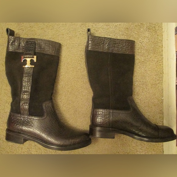 HOT Tory Burch Corey Brown Logo Suede & Textured Leather Mid-calf Boots $500+! - Picture 5 of 12